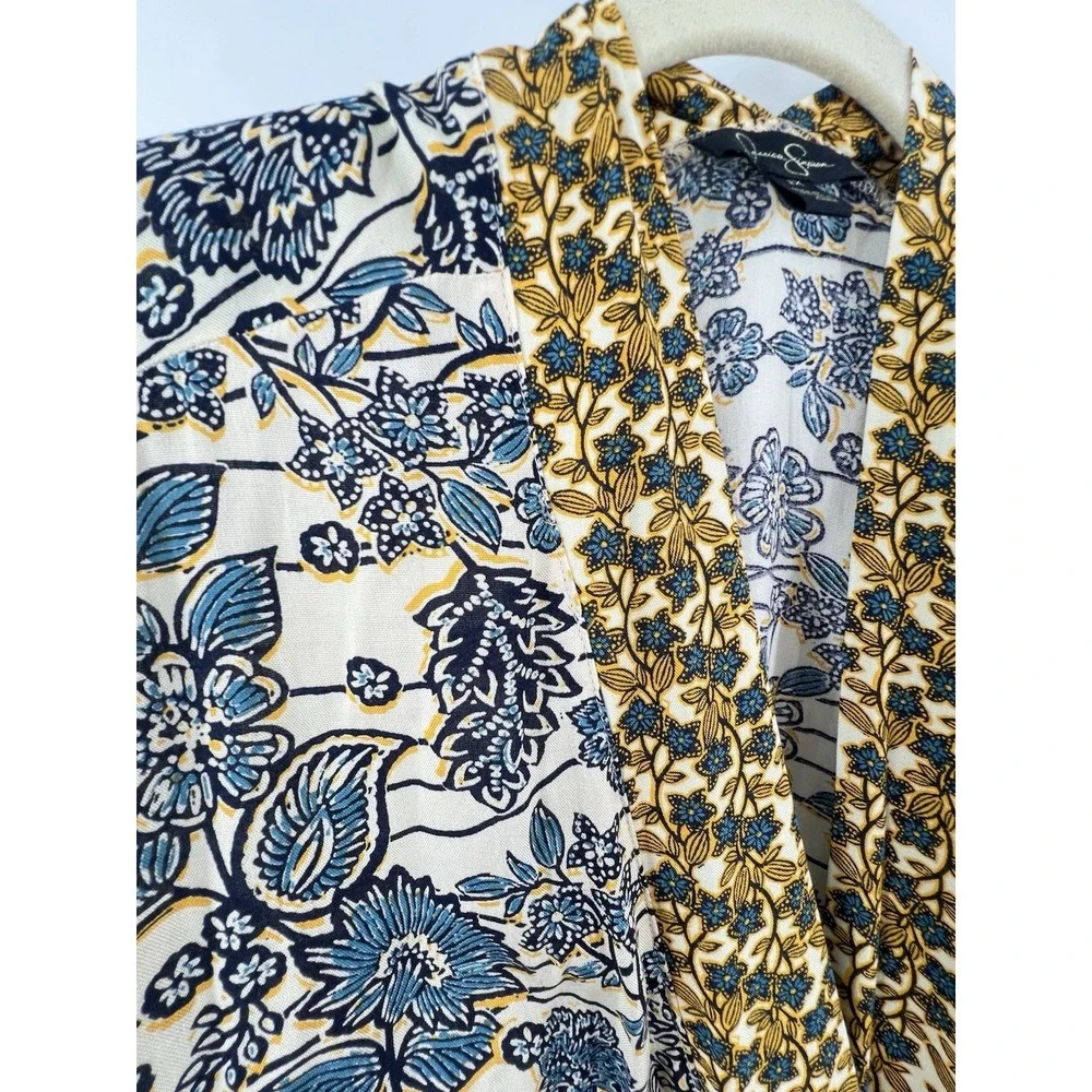Jessica Simpson Floral Kimono Cardigan Womens 1X Blue Yellow Frozen Dew Boho